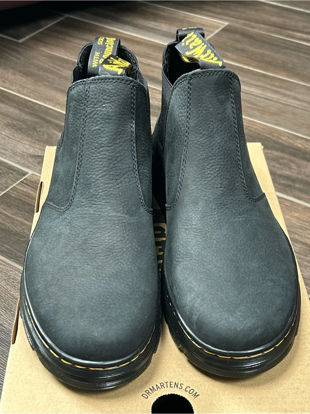 Dr. Martens Black Hardie II Boots with Yellow Stitching